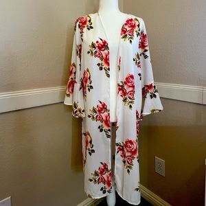 Charming Charlie sheer white floral duster.